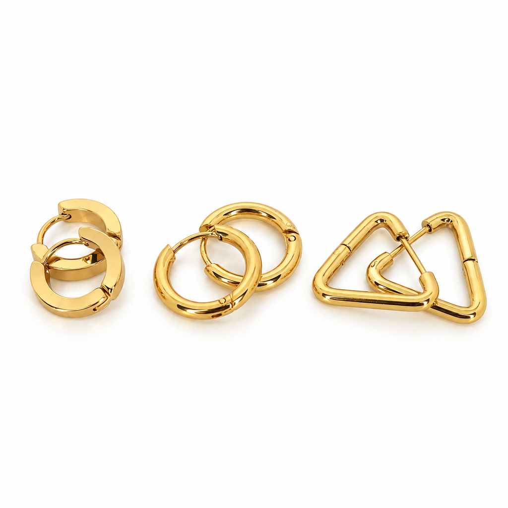 Stainless steel earring set (3 pairs) featuring circular and triangular designs.