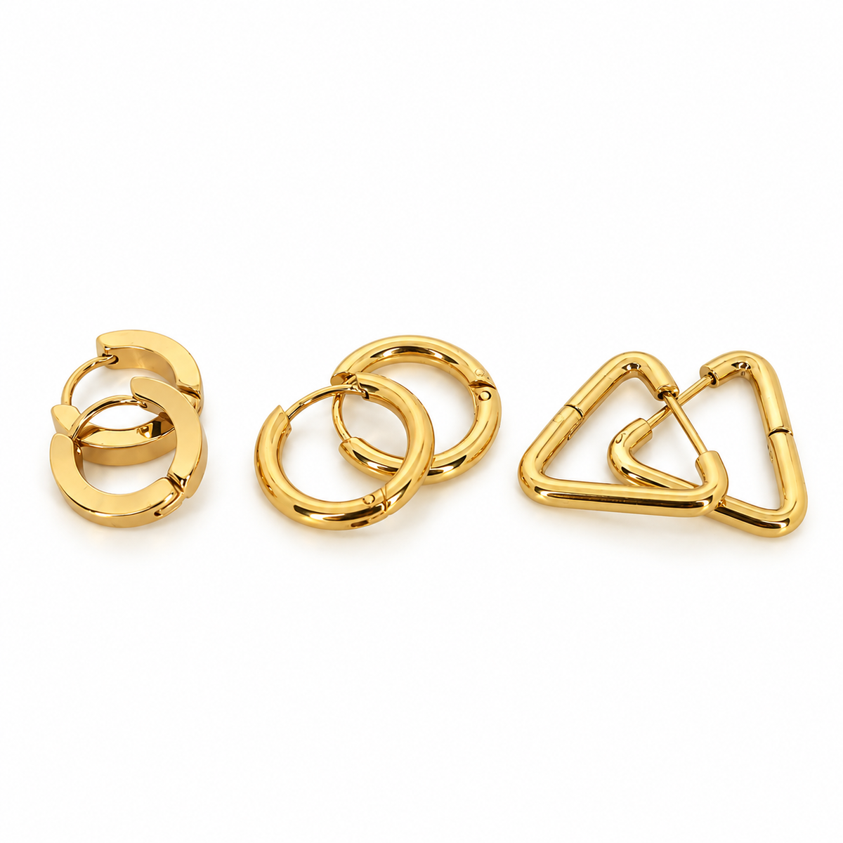 Stainless steel earring set (3 pairs) featuring circular and triangular designs.