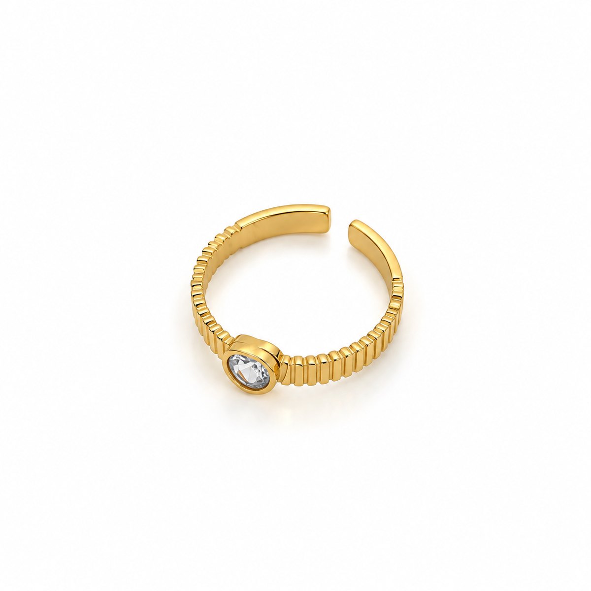 Open stainless steel ring with a heart stone and ribbed texture.