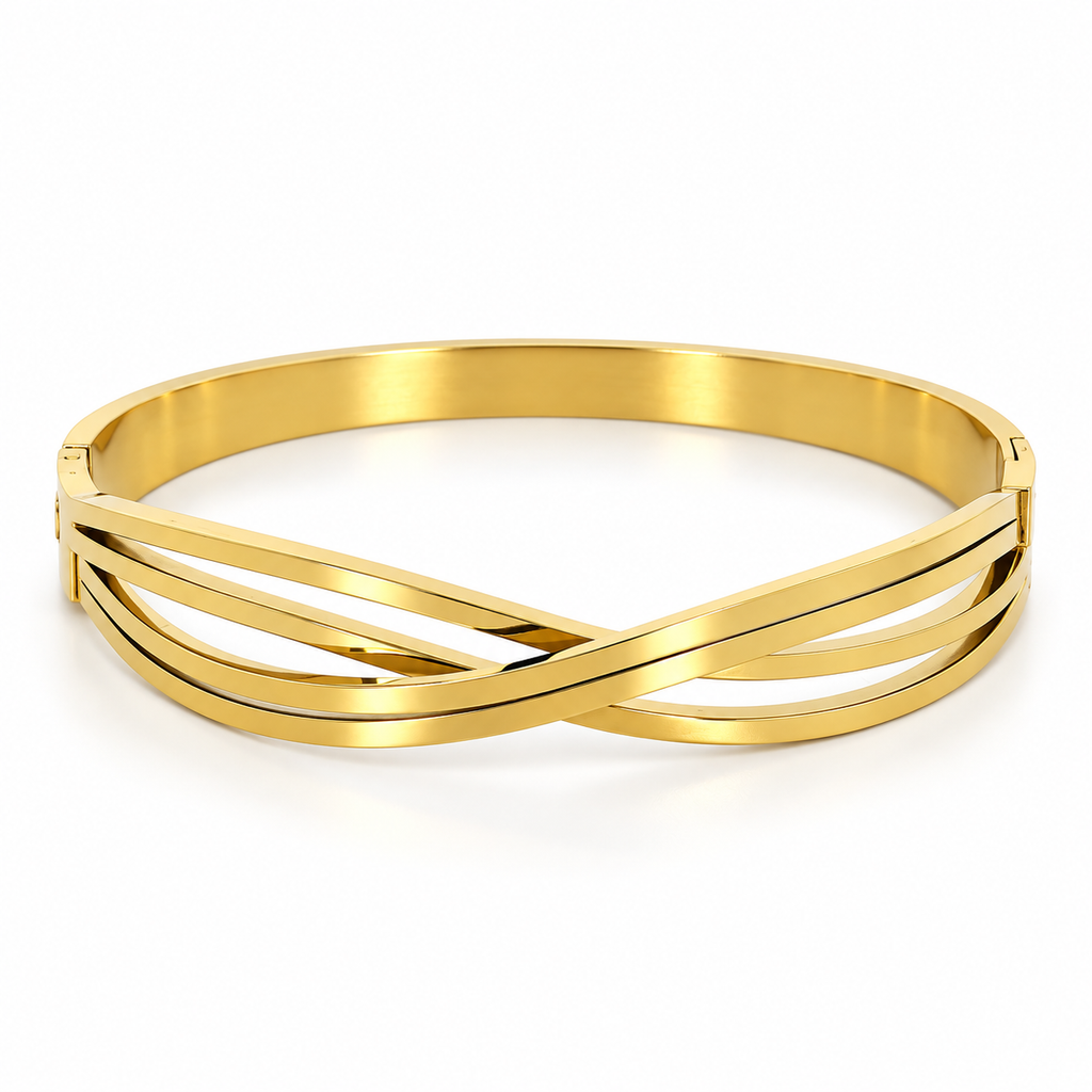 Stainless steel bracelet with interlocking gold-tone lines.