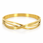 Stainless steel bracelet with interlocking gold-tone lines.