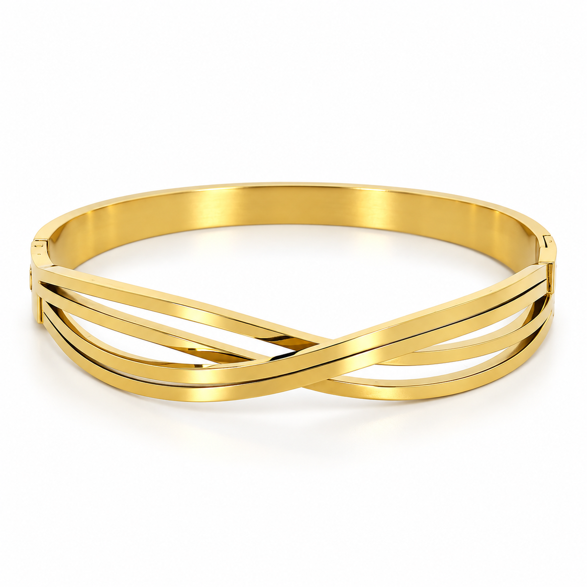 Stainless steel bracelet with interlocking gold-tone lines.