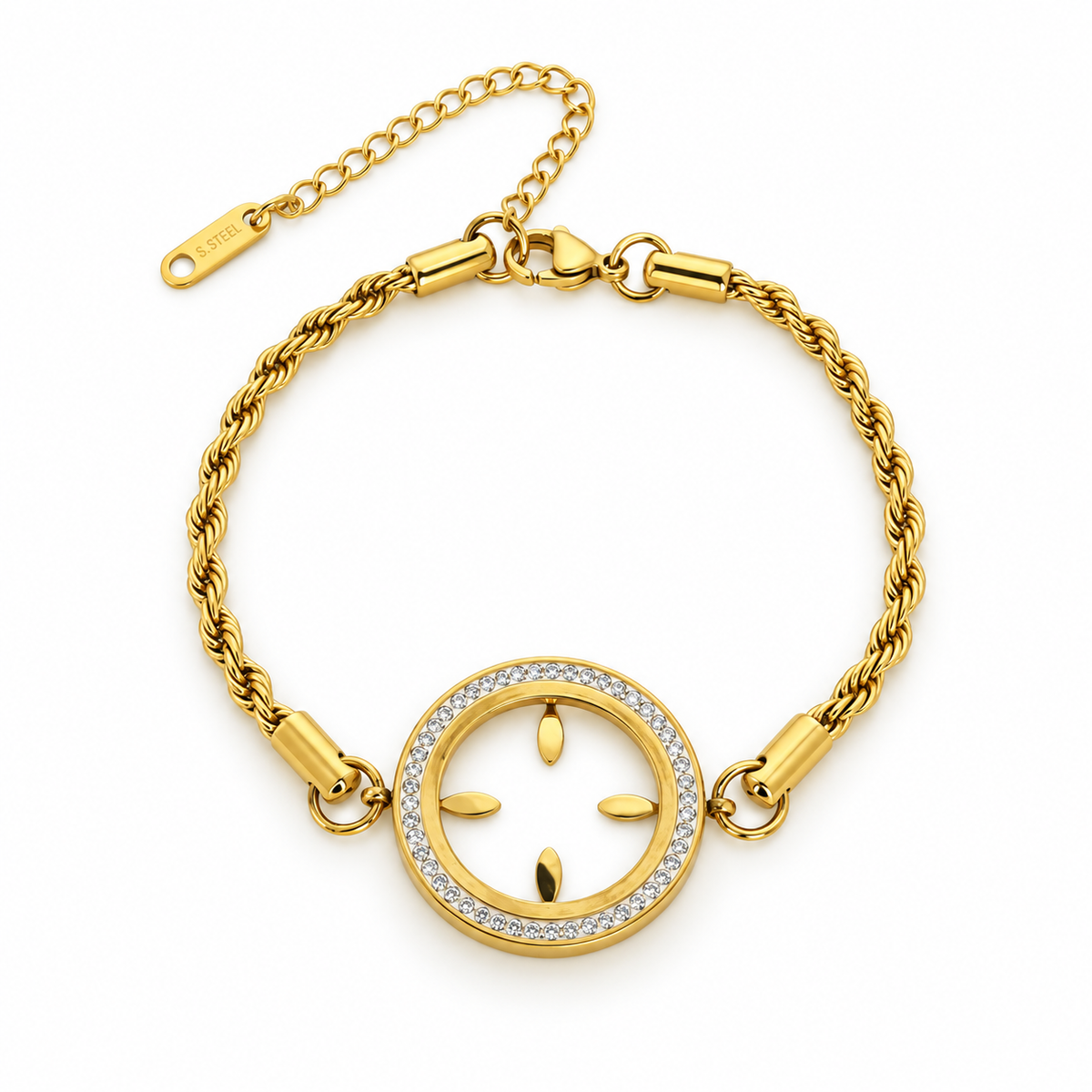 Stainless steel bracelet with a braided chain and an embellished round flower.