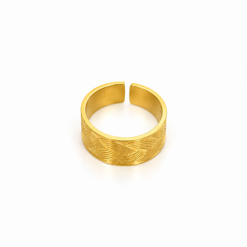 Open-style stainless steel ring with a wide surface and a gold-tone braided pattern.