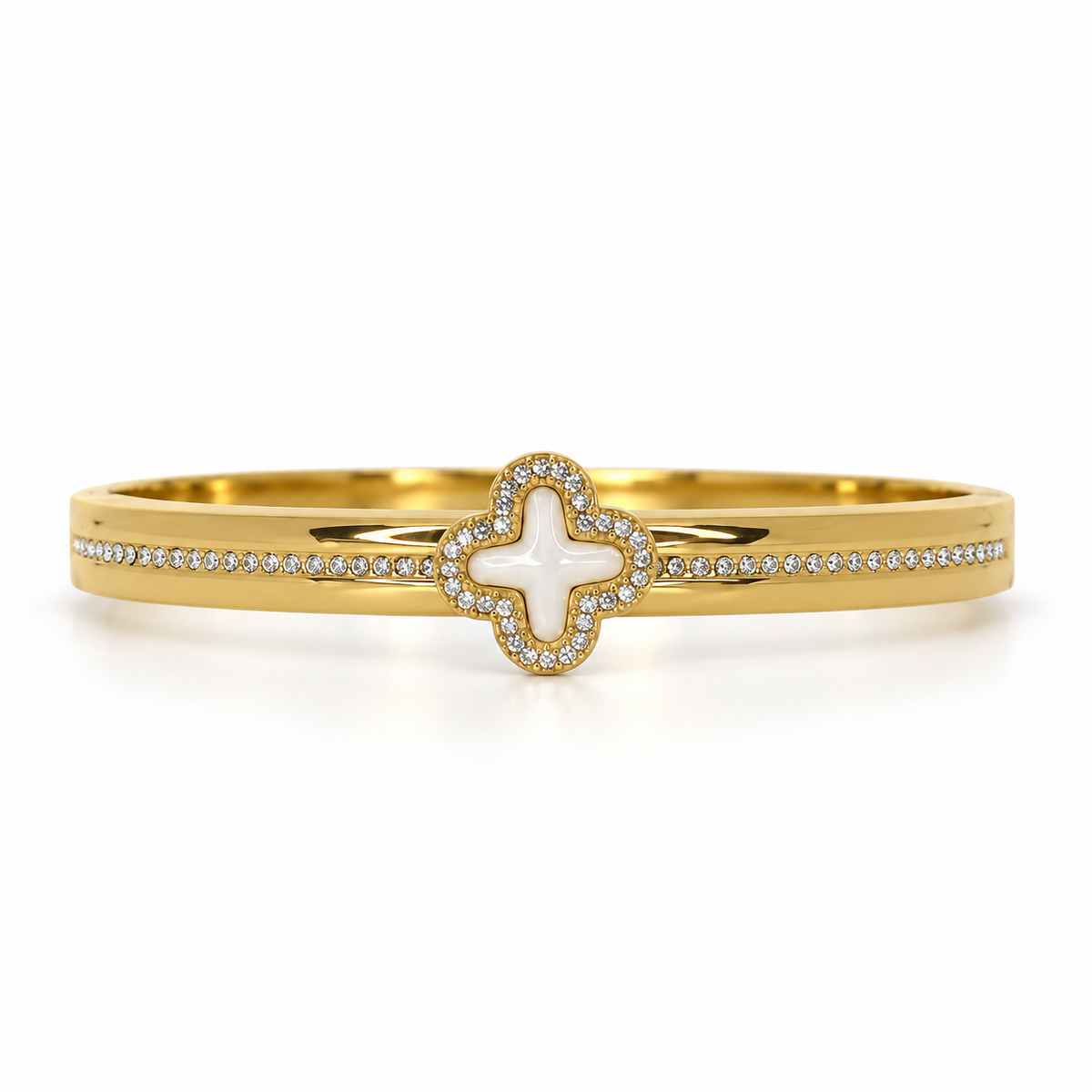 Stainless steel bracelet with an embellished mother-of-pearl flower.