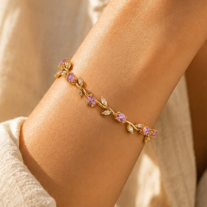 Italian gold-plated bracelet with a tulip branch design and pink zircon stones