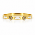 Stainless steel bracelet with studded floral accents and mother-of-pearl.