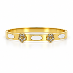 Stainless steel bracelet with studded floral accents and mother-of-pearl.