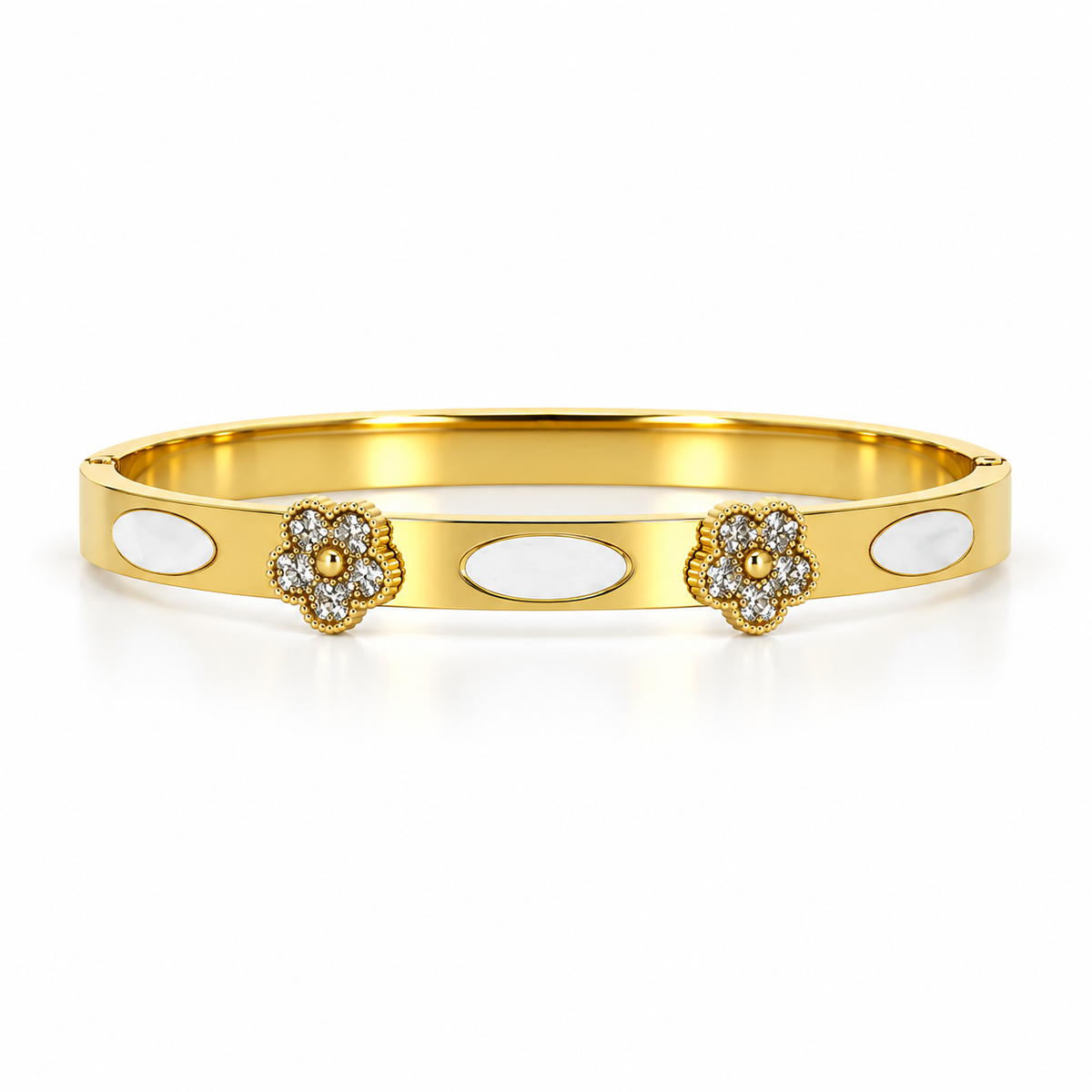 Stainless steel bracelet with studded floral accents and mother-of-pearl.