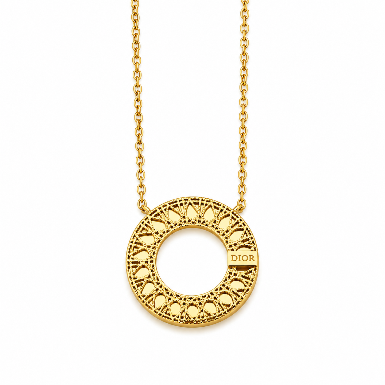 Gold-plated stainless steel necklace with a circular pendant featuring geometric patterns.
