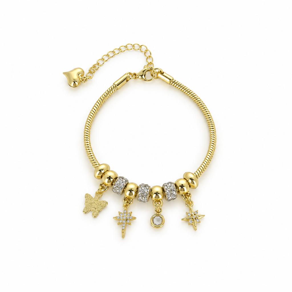 Stainless steel bracelet with snake-style beads and star and butterfly charms.