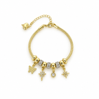 Stainless steel bracelet with snake-style beads and star and butterfly charms.