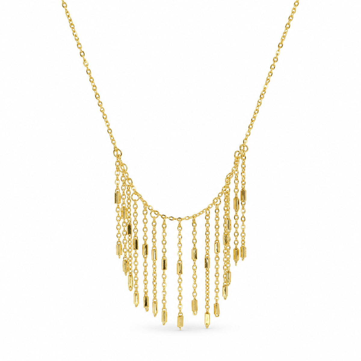 Stainless steel necklace featuring a cascading gold tassel design.