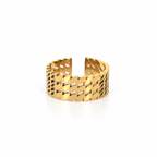 Open stainless steel ring with a cutout leaf design.