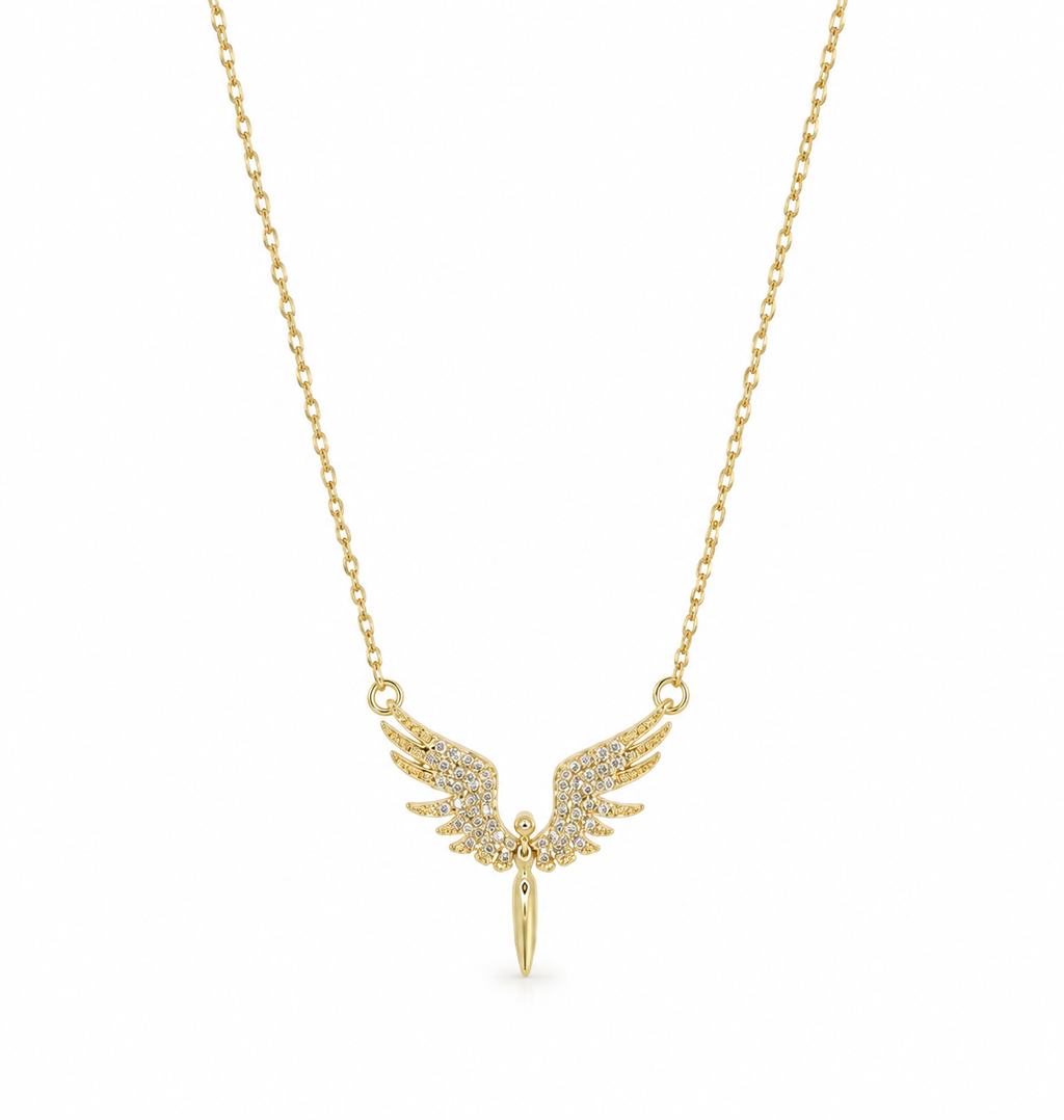 Stainless steel necklace with an embellished angel wing pendant.