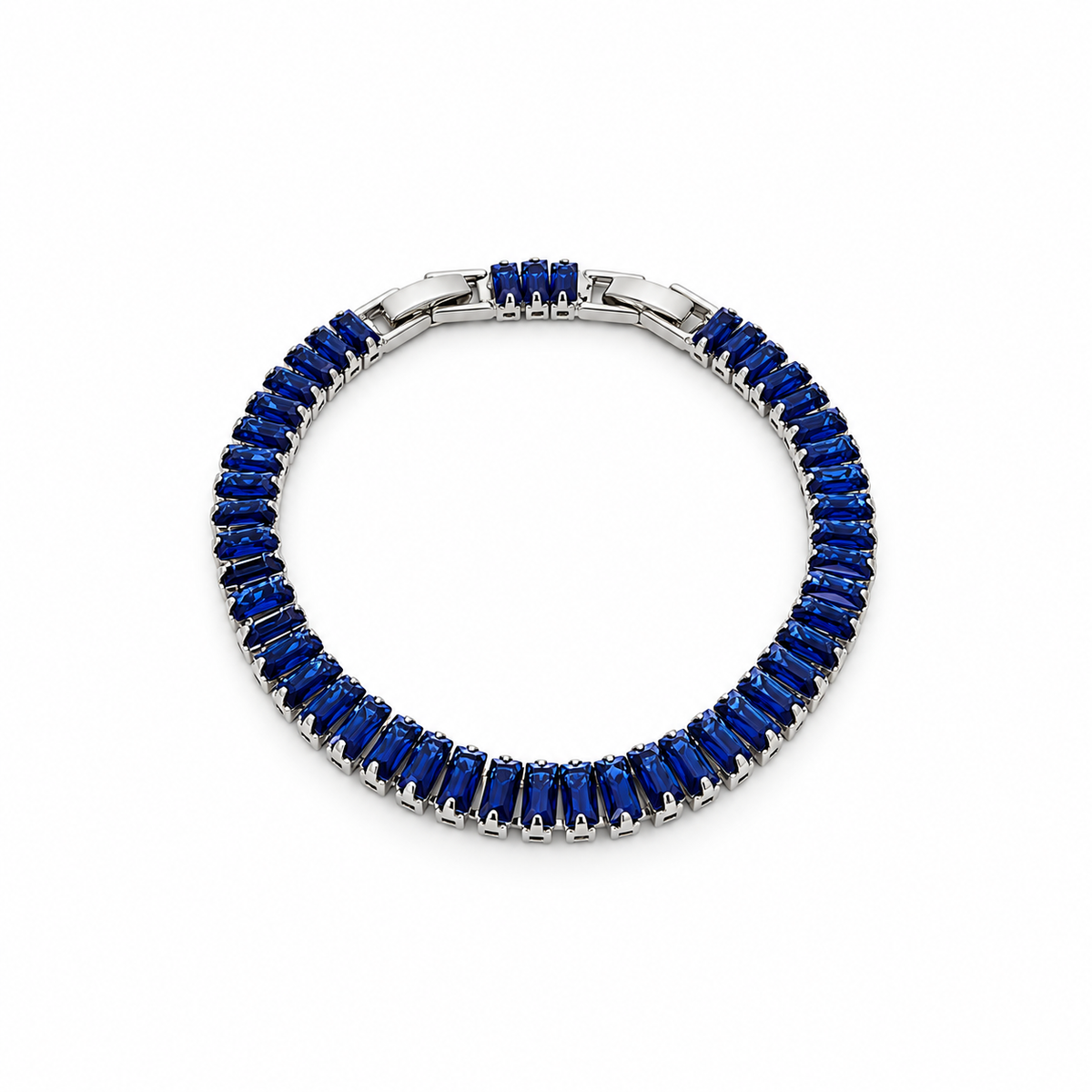 Silver stainless steel tennis bracelet set with royal blue zirconia.