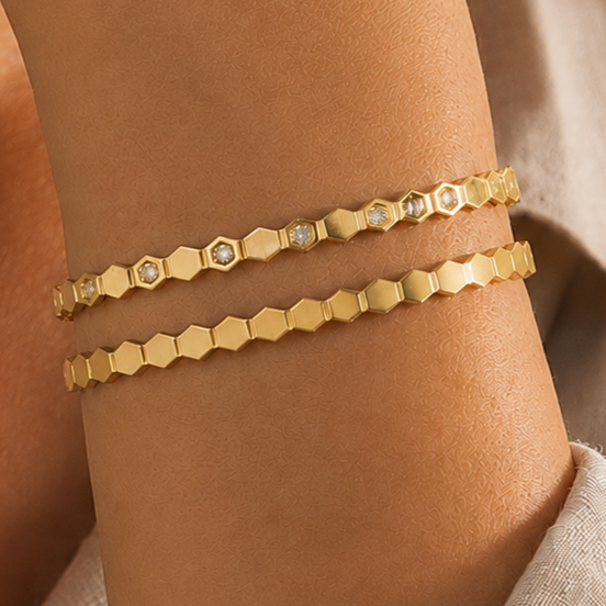Gold-plated stainless steel honeycomb design bracelet (2-piece set)