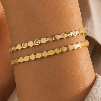 Gold-plated stainless steel honeycomb design bracelet (2-piece set)