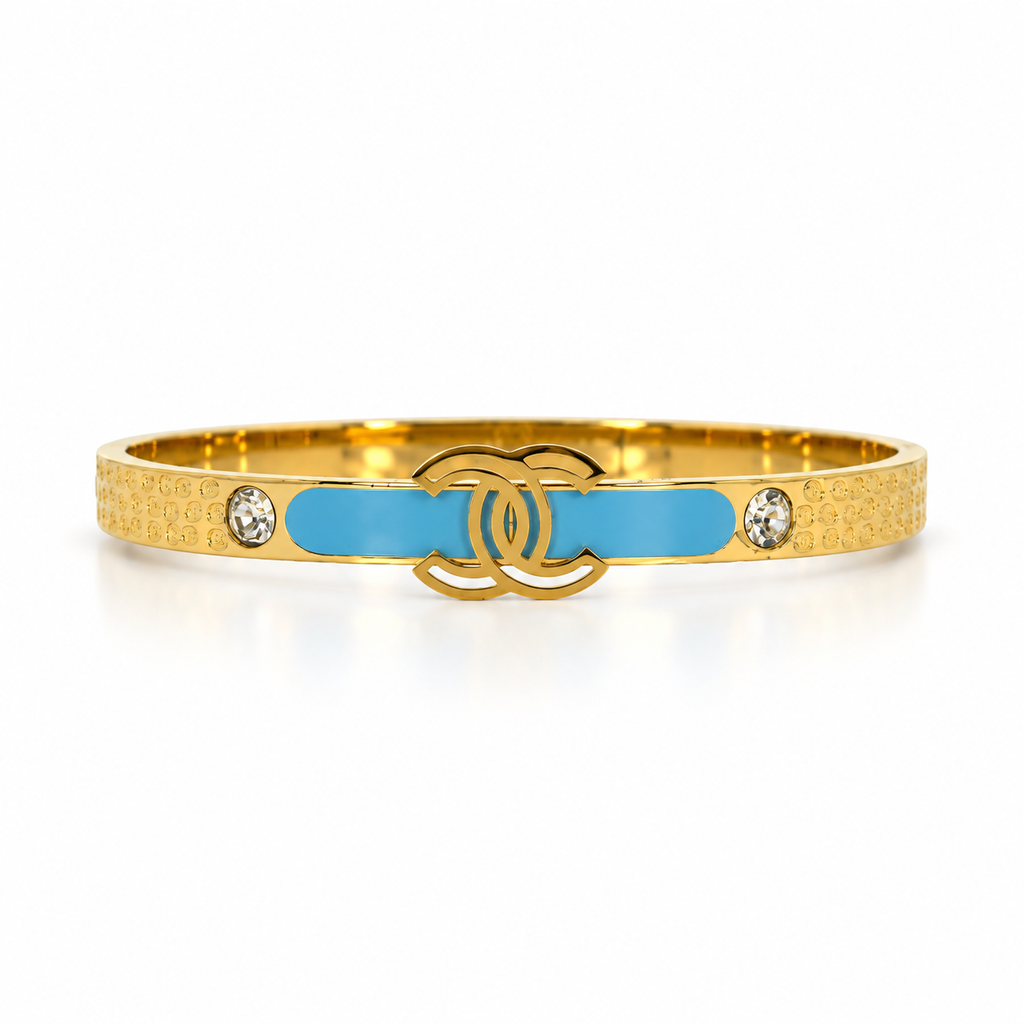 Stainless steel bracelet with the double logo and sky-blue enamel band.