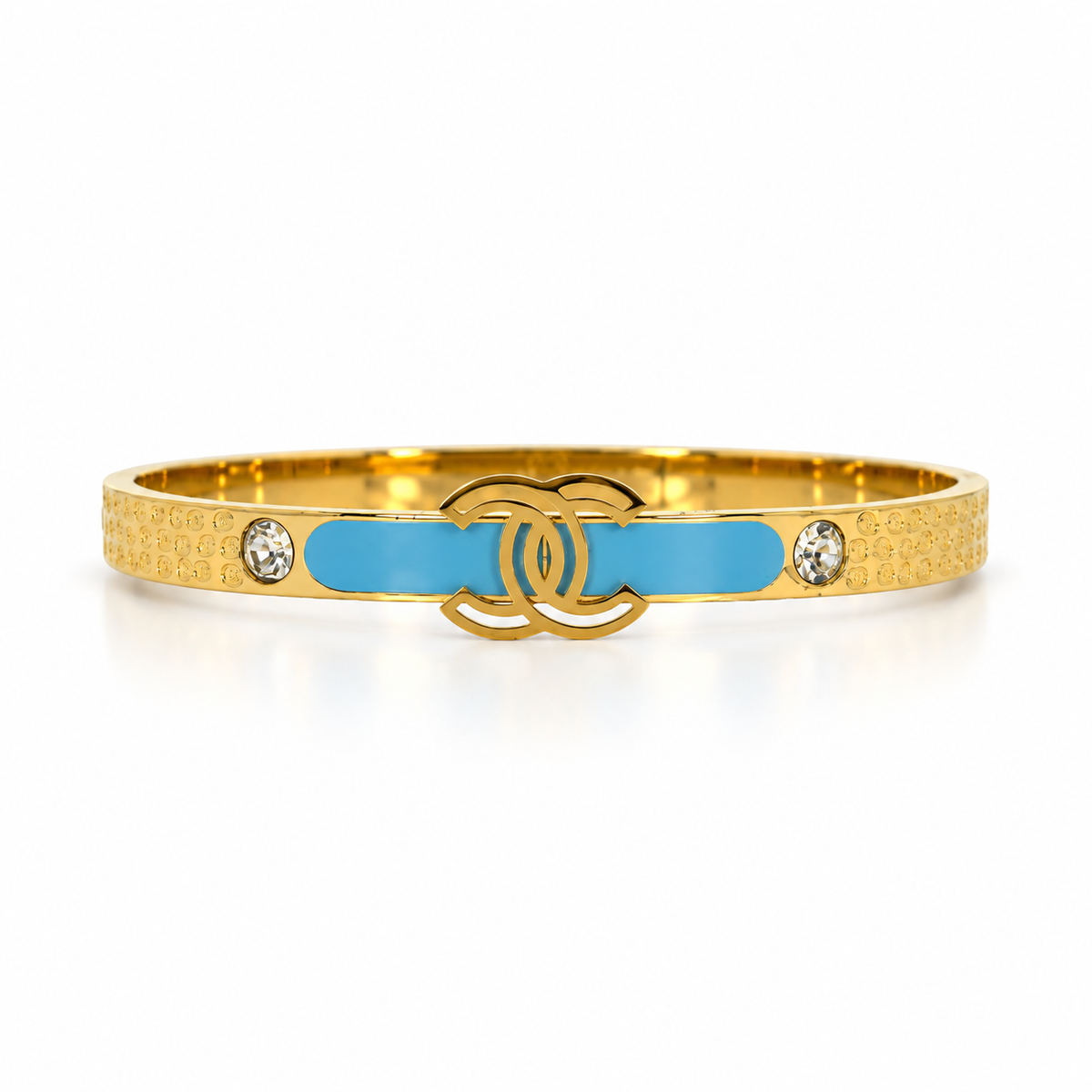 Stainless steel bracelet with the double logo and sky-blue enamel band.
