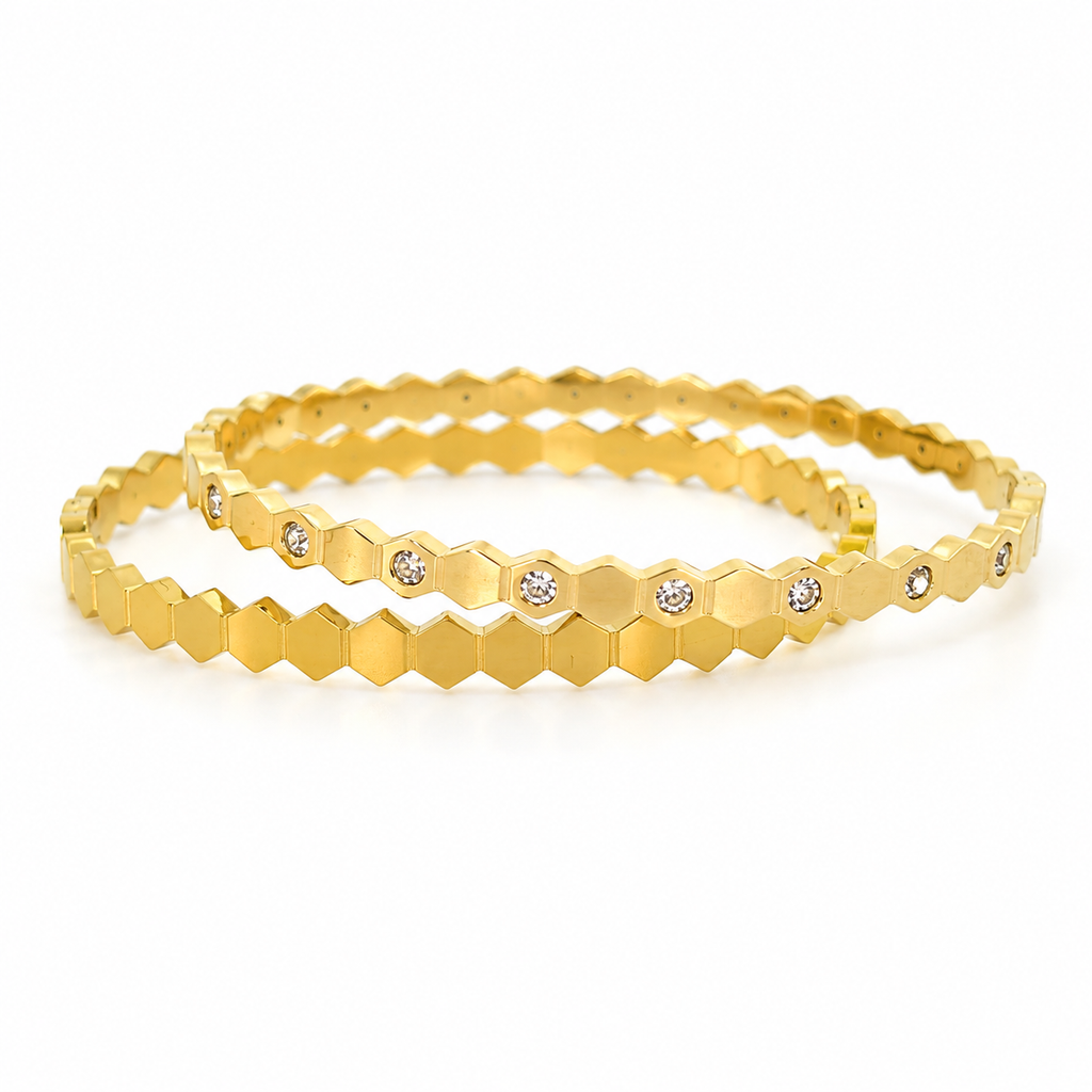 Gold-plated stainless steel honeycomb design bracelet (2-piece set)