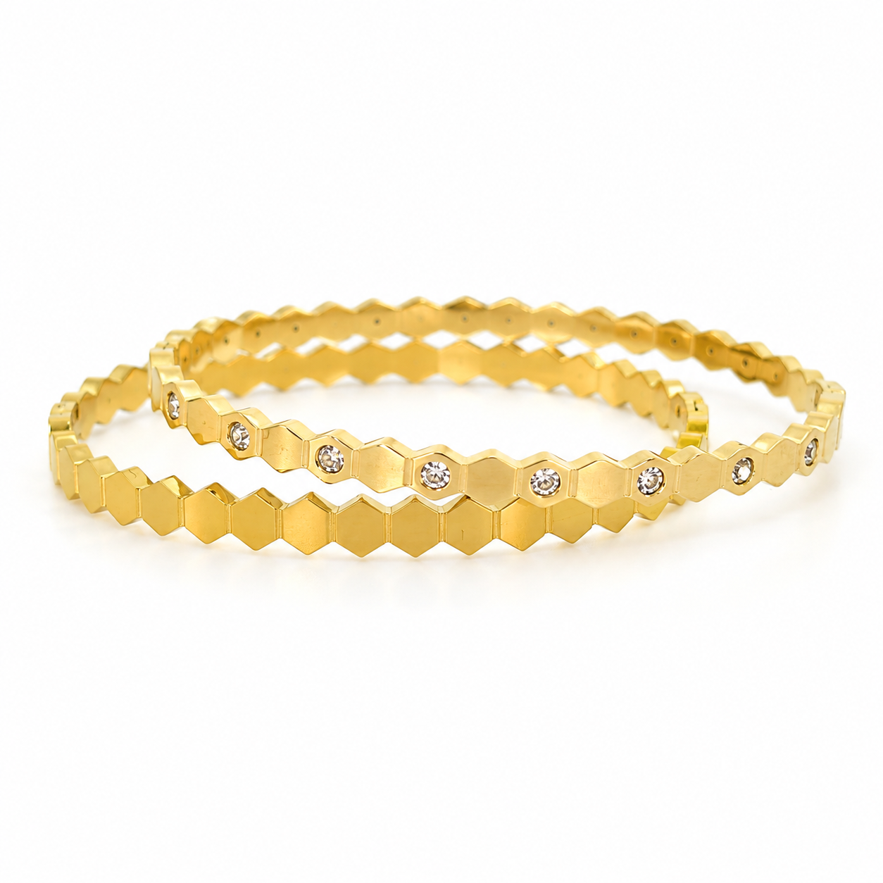 Gold-plated stainless steel honeycomb design bracelet (2-piece set)