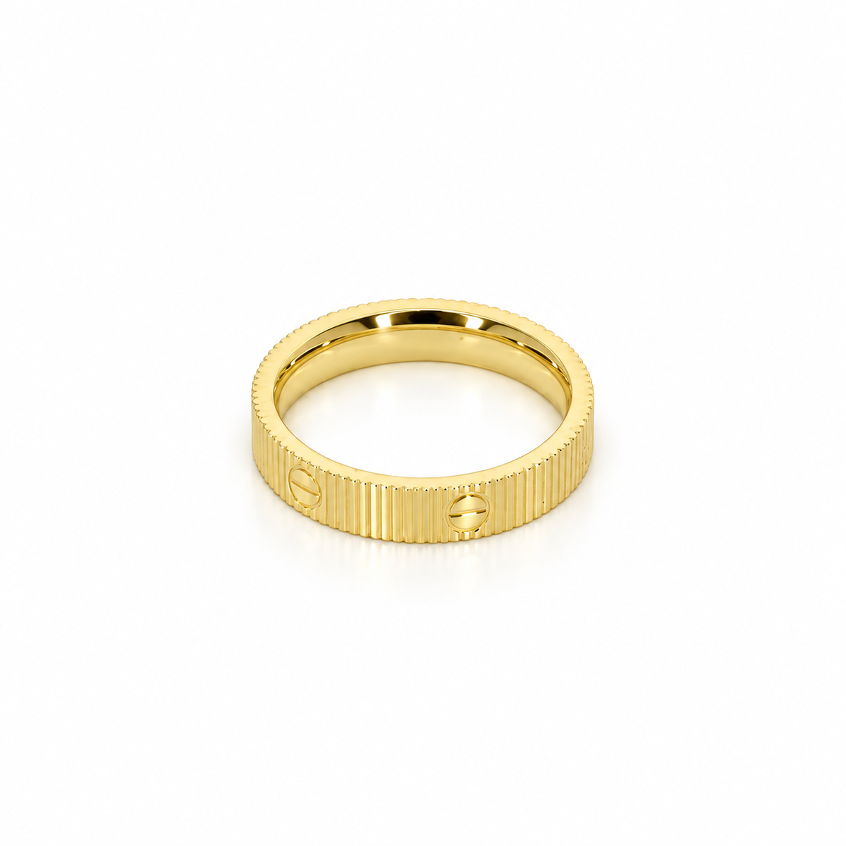 Faceted stainless steel ring with gold screw-head detailing.