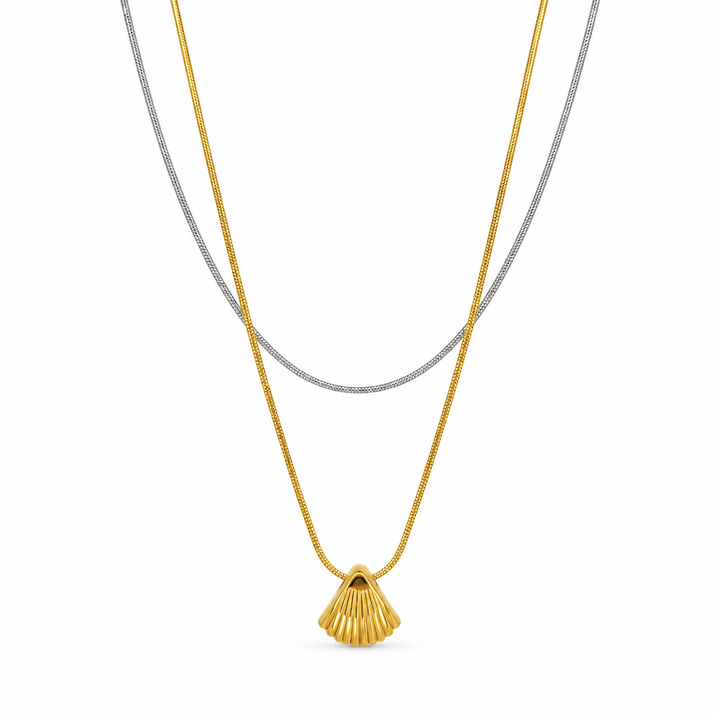 Double-strand stainless steel necklace with a gold seashell pendant.