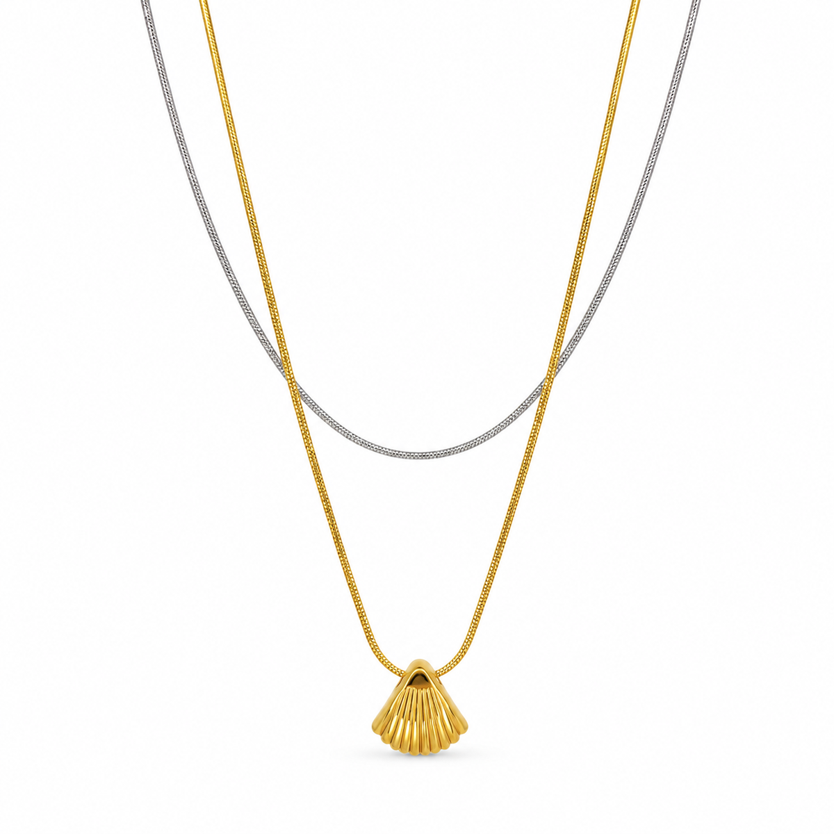 Double-strand stainless steel necklace with a gold seashell pendant.