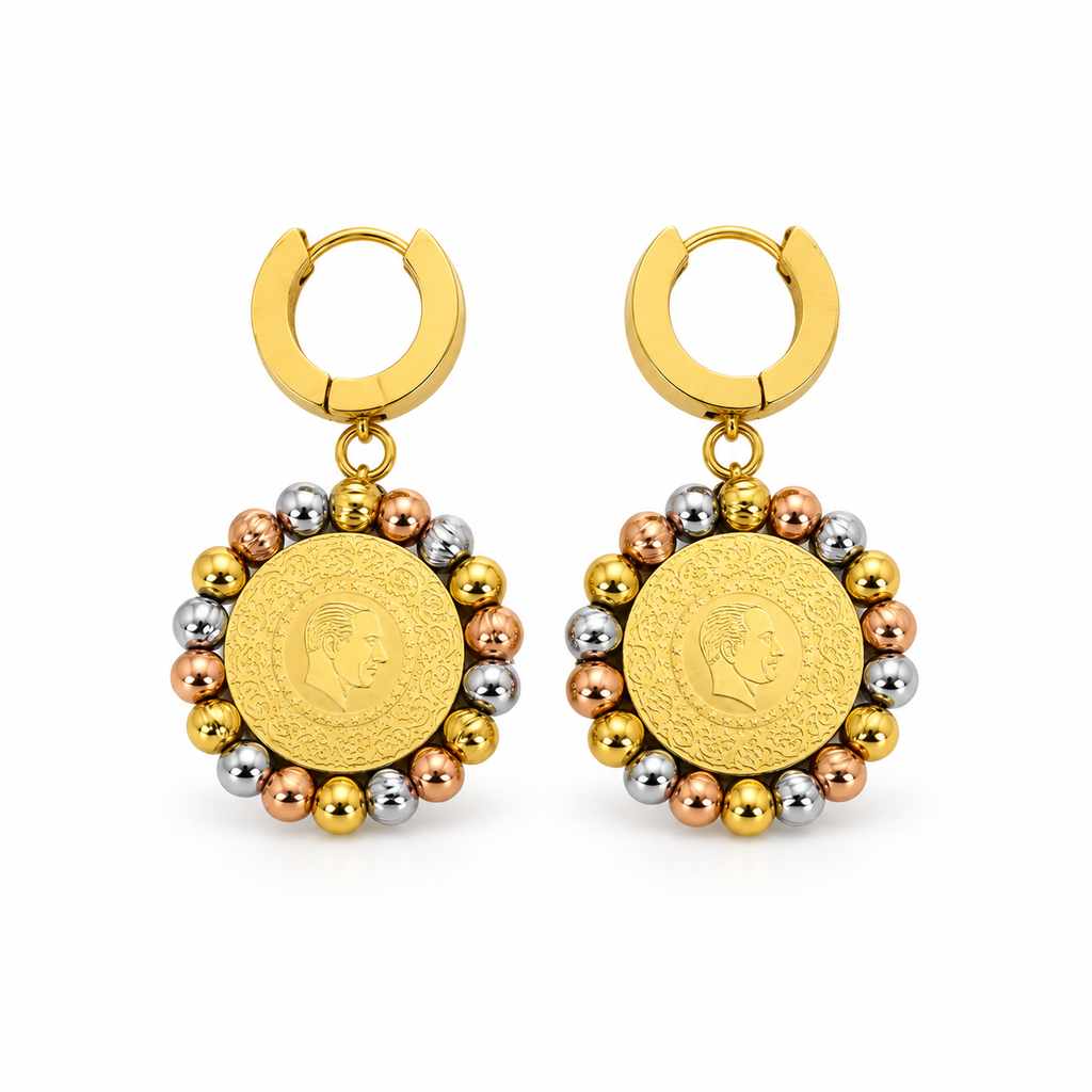Stainless steel earrings featuring a gold coin and a tri-colored beaded frame.