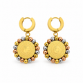 Stainless steel earrings featuring a gold coin and a tri-colored beaded frame.