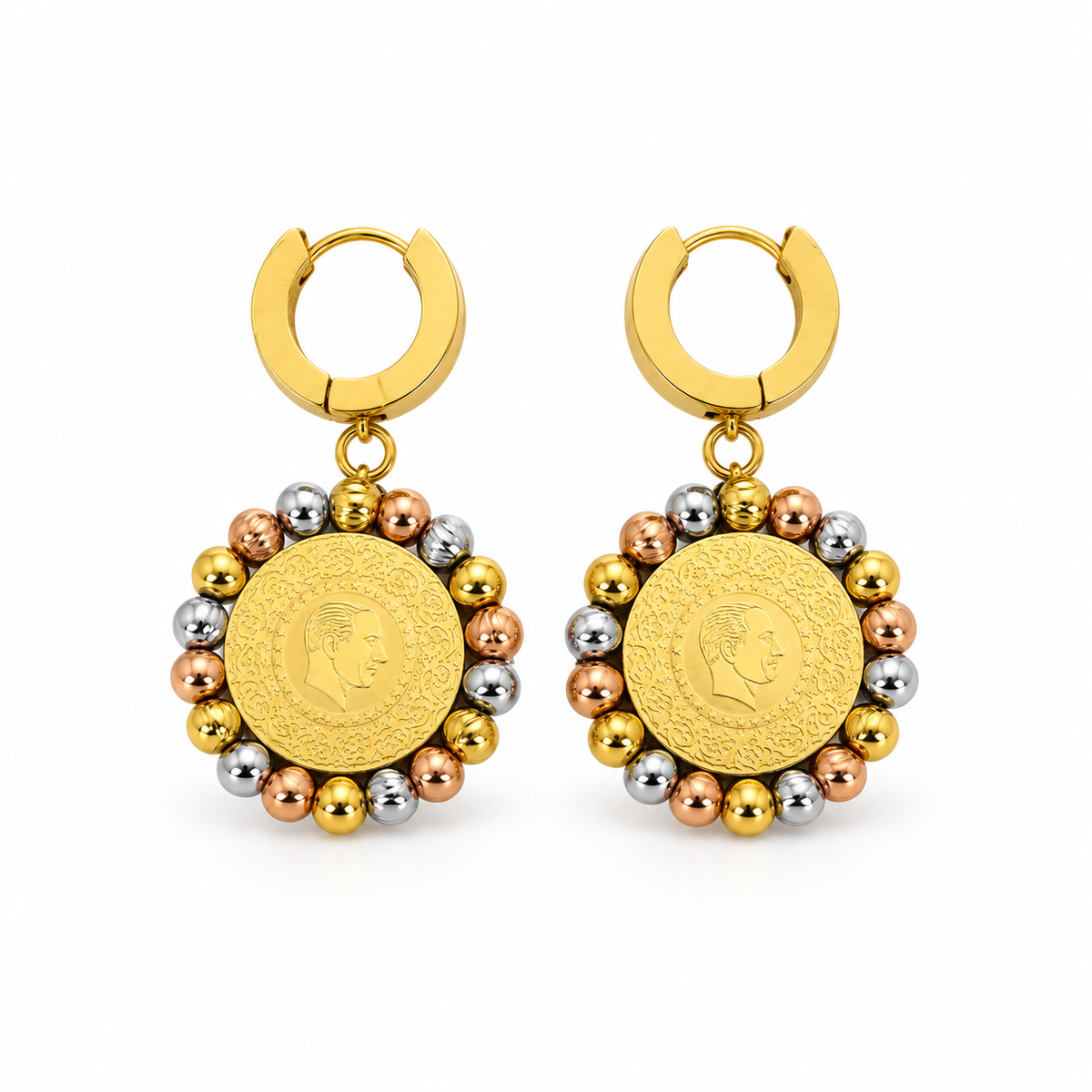 Stainless steel earrings featuring a gold coin and a tri-colored beaded frame.