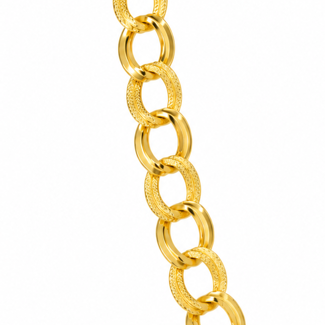 Stainless steel chain necklace featuring interlocking, engraved links.