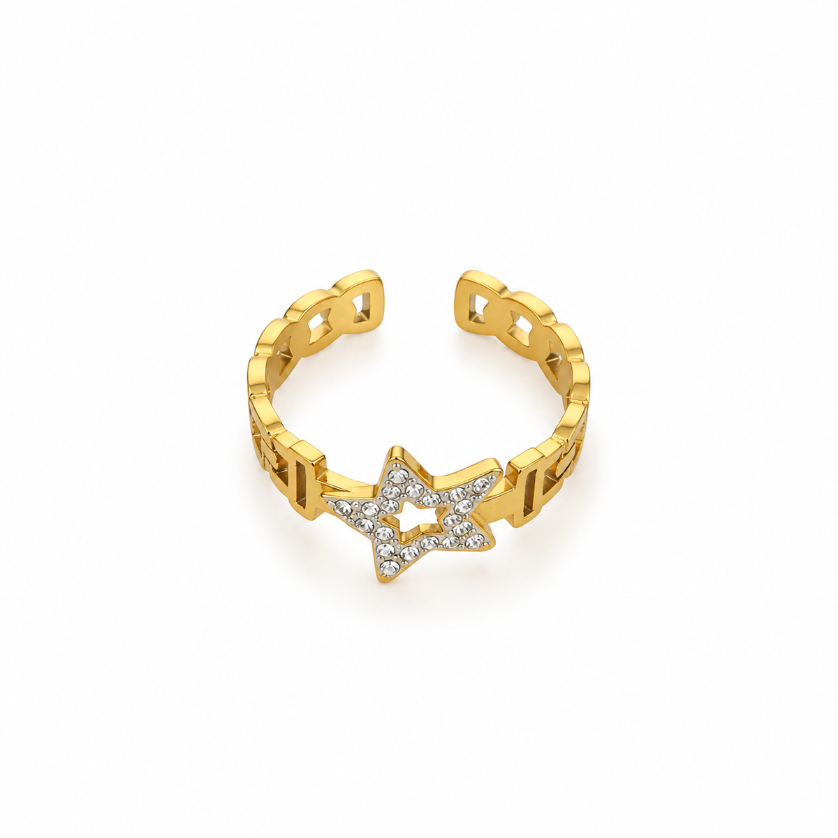 Open stainless steel ring featuring a studded star and a chain link design.