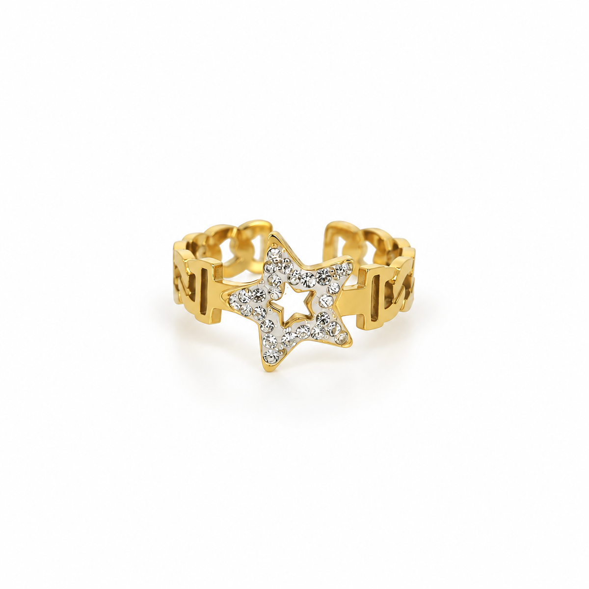 Open stainless steel ring featuring a studded star and a chain link design.