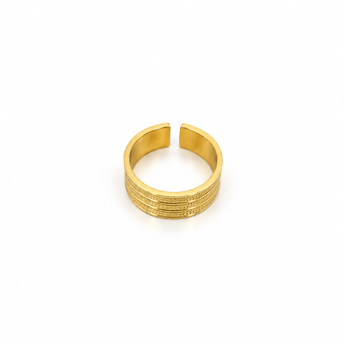 Open stainless steel ring with a wide surface and braided lines.
