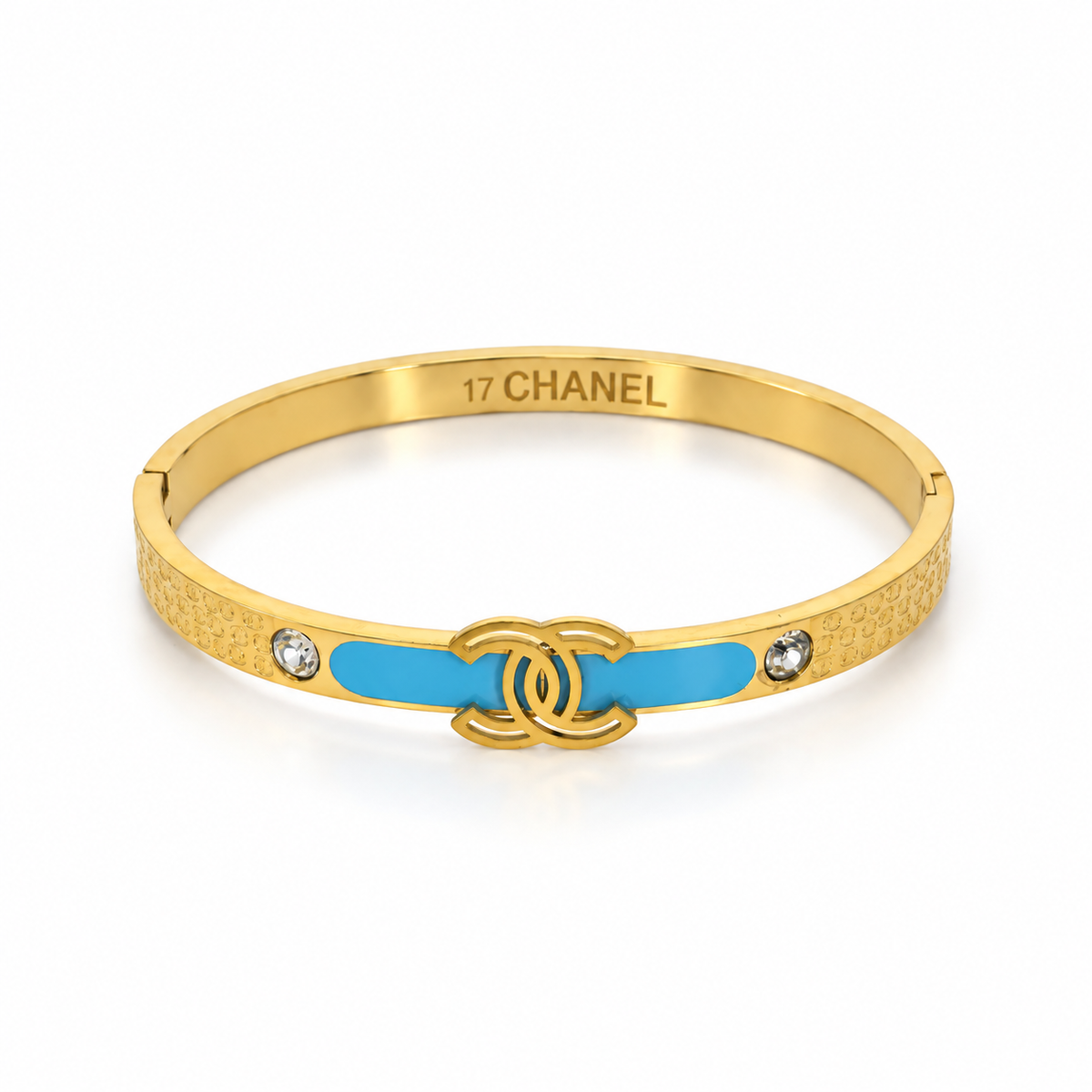 Stainless steel bracelet with the double logo and sky-blue enamel band.