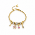 Stainless steel bracelet featuring snake-style beads, butterfly charms, and pink crystals.