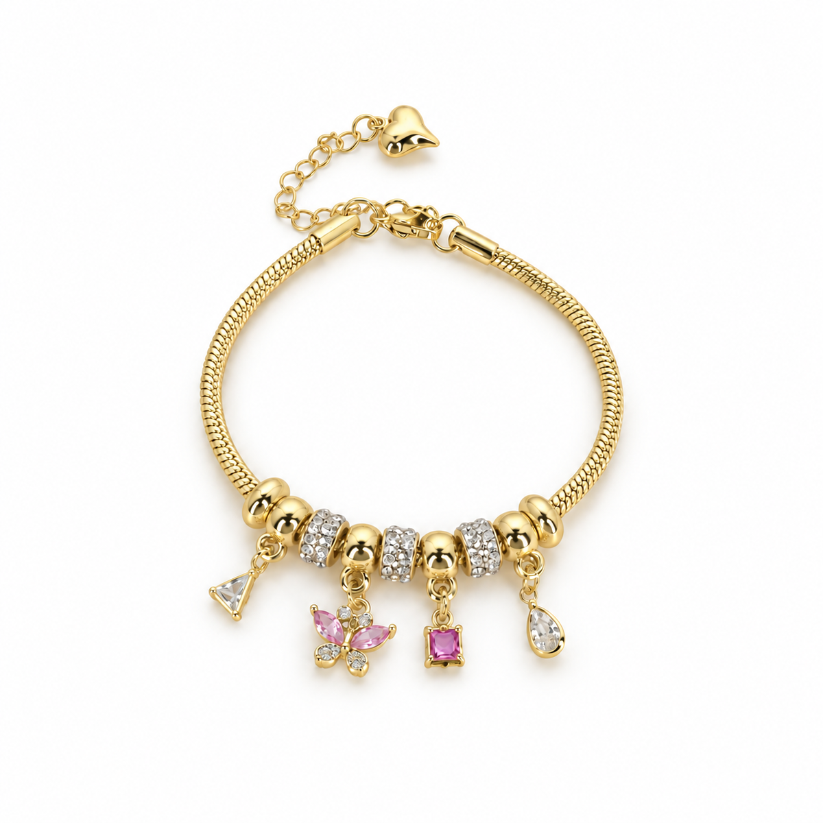Stainless steel bracelet featuring snake-style beads, butterfly charms, and pink crystals.