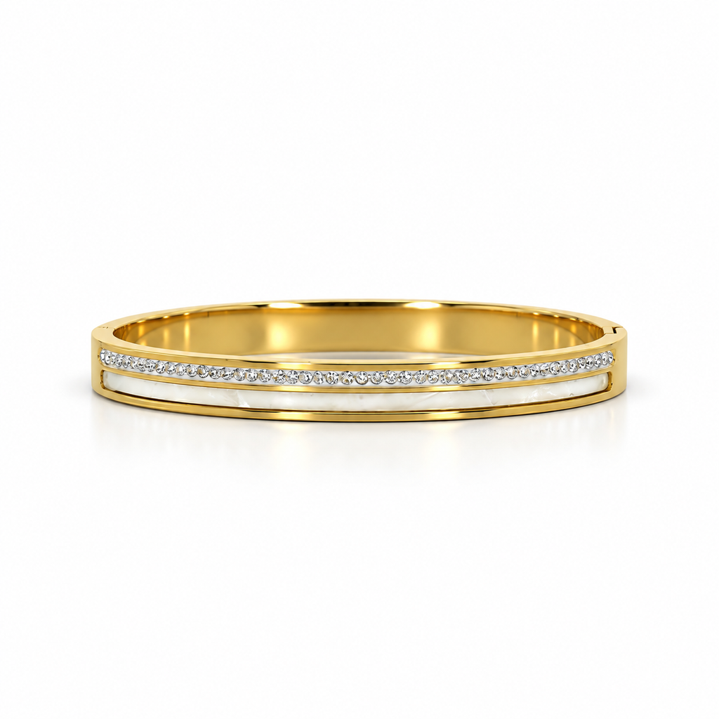 Stainless steel bracelet with a row of crystals and a mother-of-pearl strip.