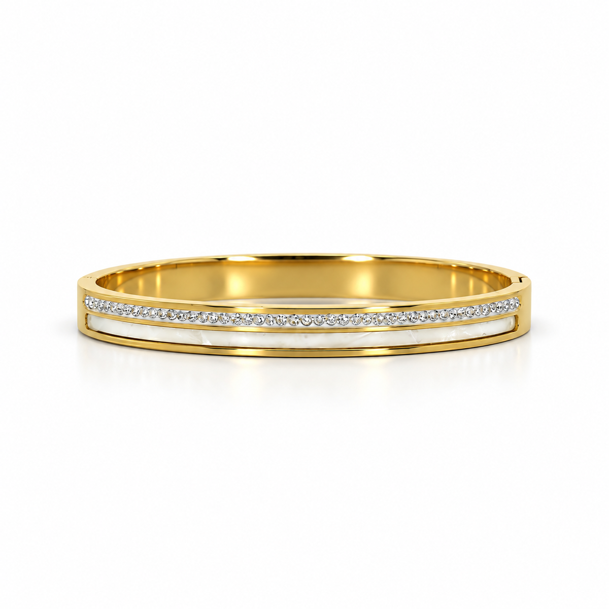 Stainless steel bracelet with a row of crystals and a mother-of-pearl strip.