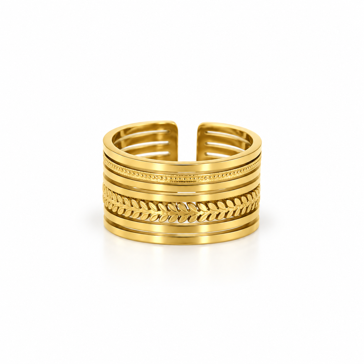 Double-layered open stainless steel ring with leaf engraving