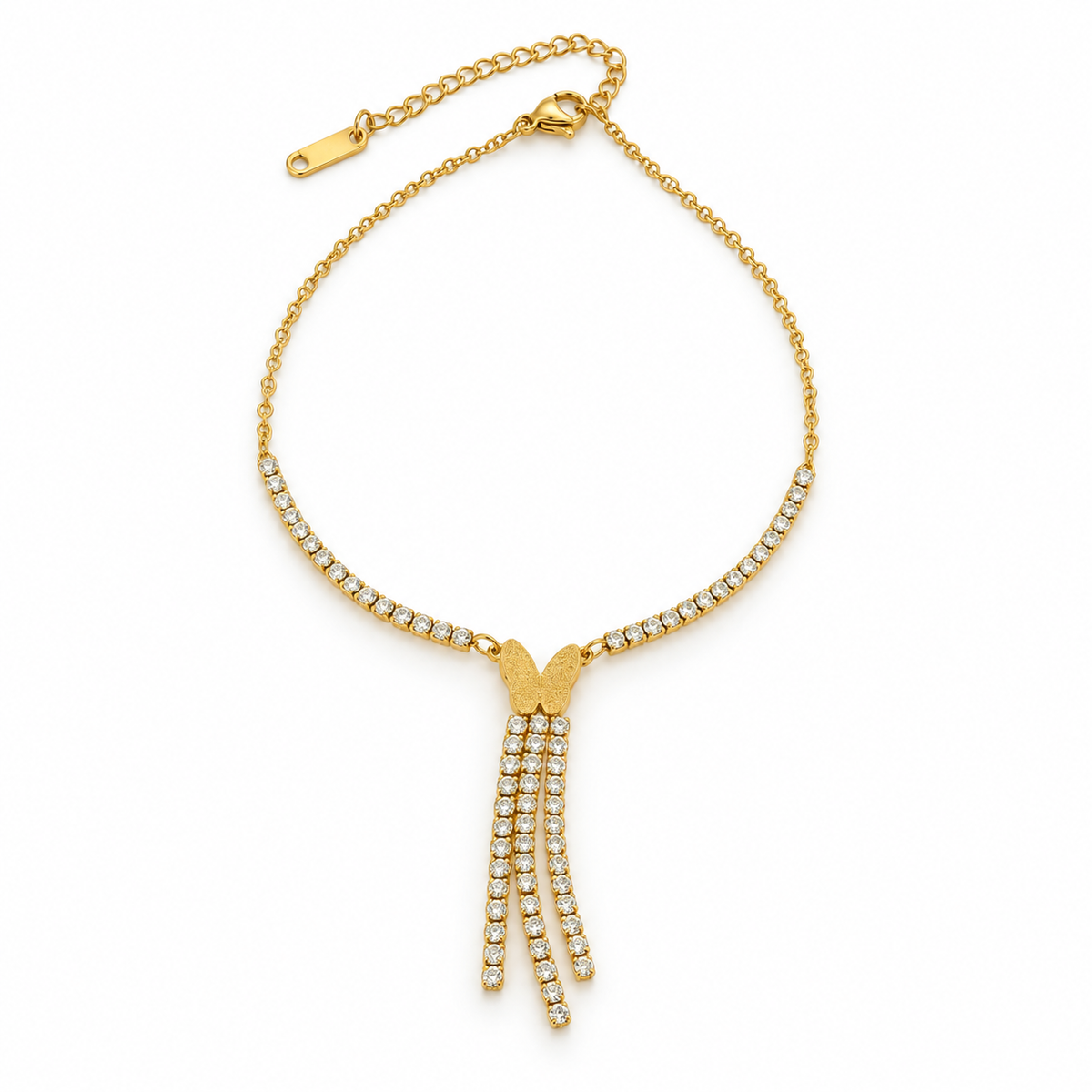 Stainless steel anklet with a butterfly charm and crystal tassels.