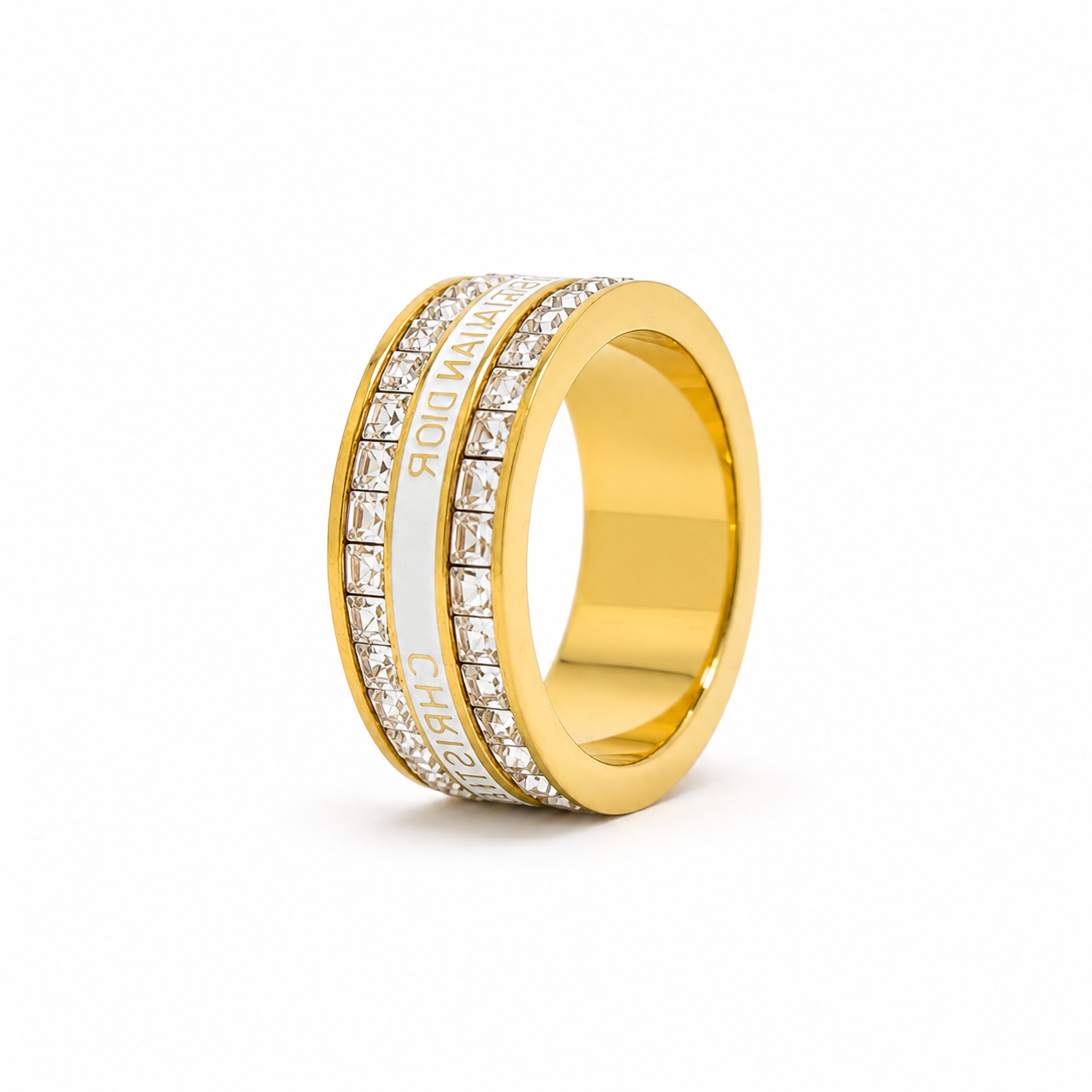 Luxury stainless steel ring adorned with crystals and white enamel – gold plated