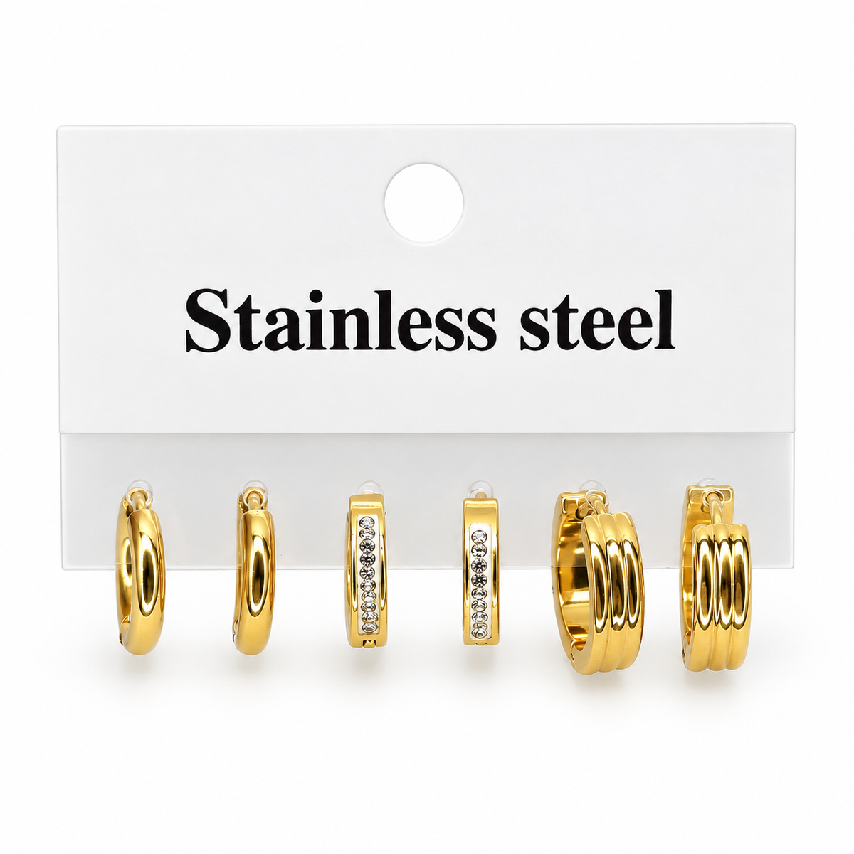 Gold-tone stainless steel earring set (3 pairs) featuring smooth, studded, and ribbed designs.