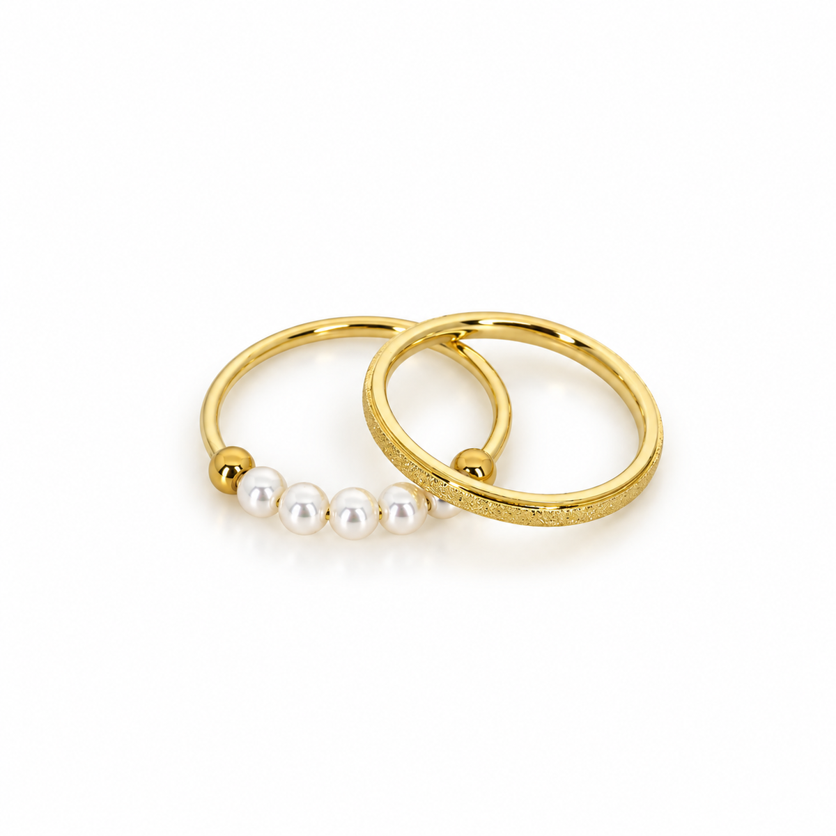 Double stainless steel ring set with pearl beads and a sandblasted finish.