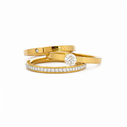 3-in-1 stainless steel ring set, gold plated and adorned with luxurious crystals