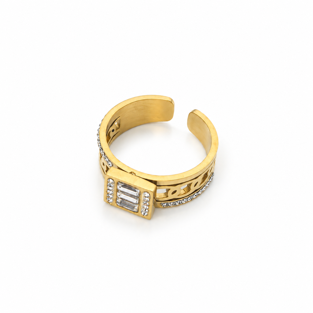 Open stainless steel ring featuring a rectangular cubic zirconia and a hollow chain link design.