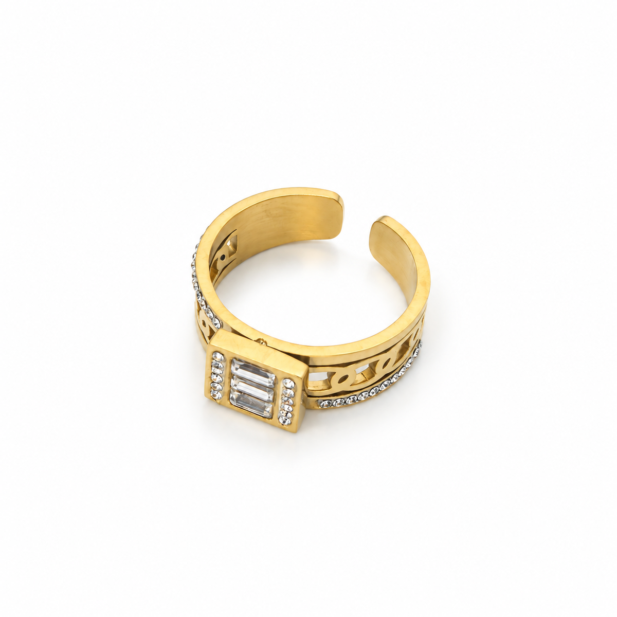 Open stainless steel ring featuring a rectangular cubic zirconia and a hollow chain link design.