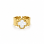Open stainless steel ring with a wide mother-of-pearl flower